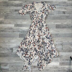 Anthropologie Caballero Ivory Floral Handkerchief Hem Dress Short Sleeve M18
